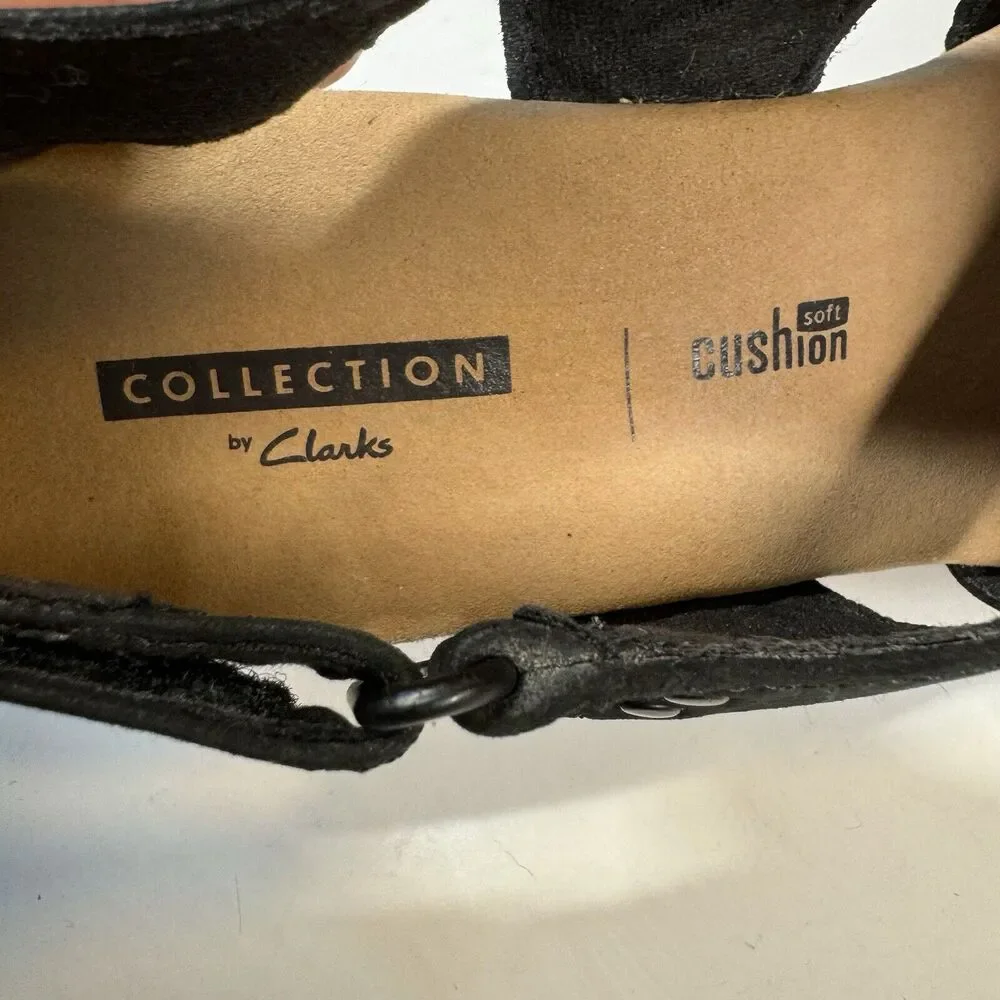 Clarks Sandals Womens Sz 7 M Annadel Bari Platform Wedge Slingback Black Cork